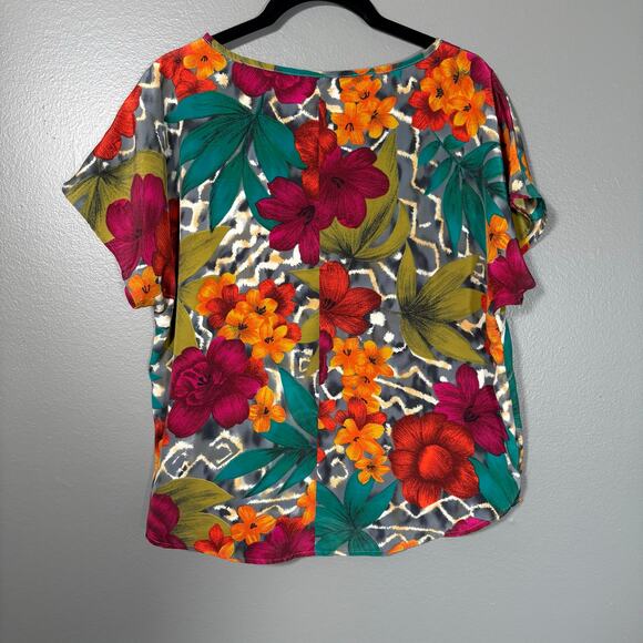 Bentley Women's Vintage Bold 80's Boxy Floral Top - Size Small - Blue/Red/Green - Picture 2 of 5